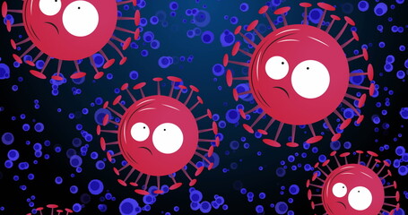 Image of red viruses over blue cells on navy background