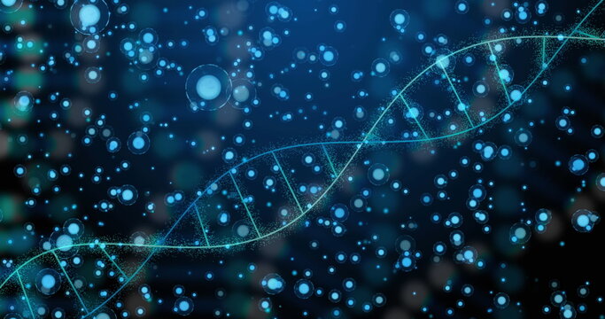 Image of dna over dots on blue background