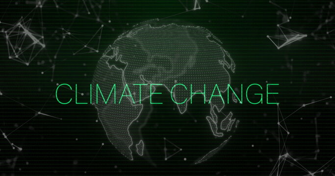 Image of climate change text over shapes and globe