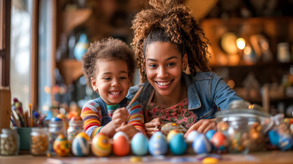 cute African American family painting Easter eggs at home. mother and son prepare for Easter - obrazy, fototapety, plakaty