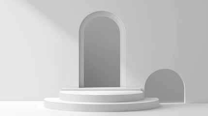Detailed modern illustration of a window or hole in the wall with a product podium behind it. A minimalistic white platform and pedestal with arch and square shapes for displaying goods.