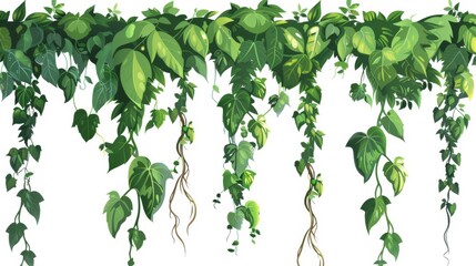 Tropical hanging vegetation frame with jungle liana vines and green leaves. Cartoon modern illustration border of rainforest tree creeping branches and foliage. - obrazy, fototapety, plakaty