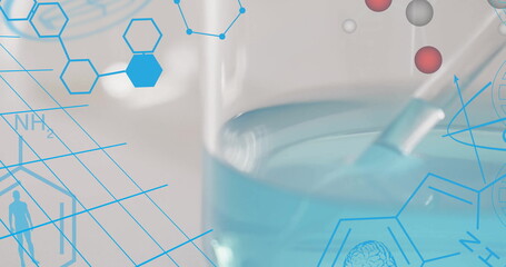 Image of scientific data processing over laboratory dishes on grey background