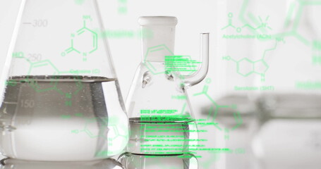 Image of scientific data processing over laboratory dishes on grey background