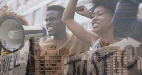 Image of diverse people raising hands over cityscape