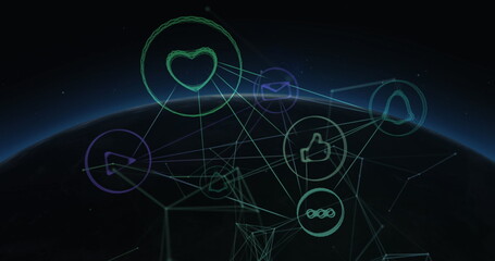 Image of network of connections with digital icons and data processing on screens over globe