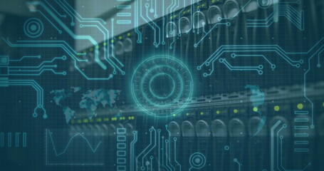 Image of scope scanning, world map and computer elements over computer server