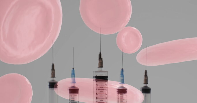 Image of red blood cells and syringes on grey background - Powered by Adobe