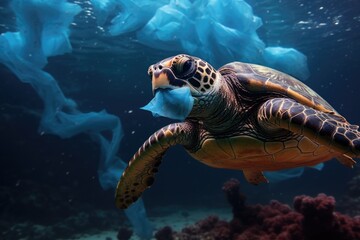 An image has been digitally altered to depict a sea turtle approaching a surgical mask as its potential meal This photo manipulation serves as a visual representation of the detri