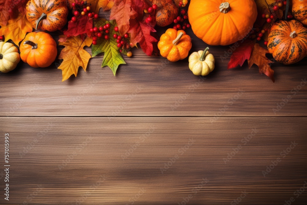 Sticker Autumn themed scene with pumpkins berries and leaves on wooden table Background with copy space Banner