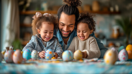 Obraz premium joyfully mixed race family painting Easter eggs at home. kids and father prepare for Easter