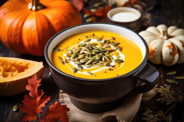 Autumn pumpkin soup with seeds vegetarian style