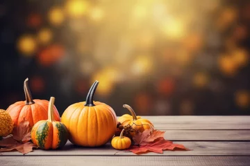 Zelfklevend Fotobehang Autumn themed scene with pumpkins leaves and berries on wooden table Background with space for text Banner © The Big L