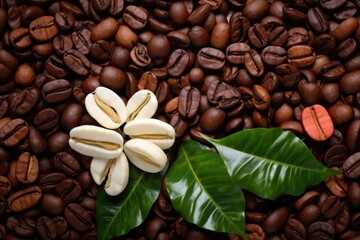 Background with a blend of coffee beans and tree blossom