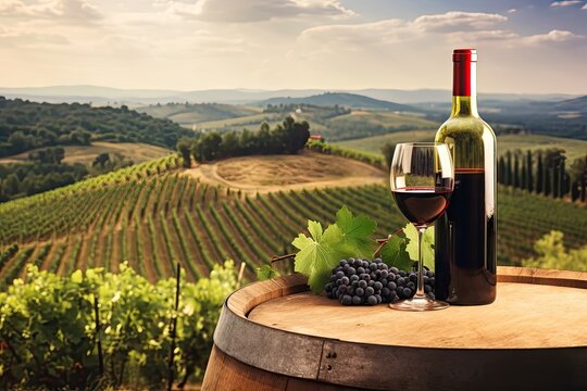 Barrel aged red wine in Tuscan vineyard