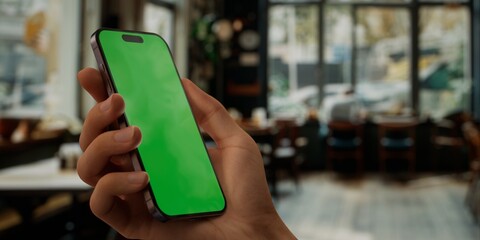 Person holding a smartphone with a green screen in a blurred cafe setting - 757016378