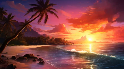 Gardinen Beautiful tropical sunset with palm trees at beach © Ashley
