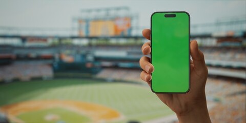 A hand holds a smartphone with a green screen at a baseball stadium - 757016530