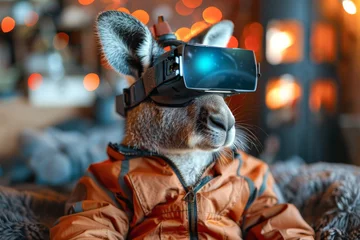 Fotobehang A kangaroo wearing virtual reality goggles © itchaznong