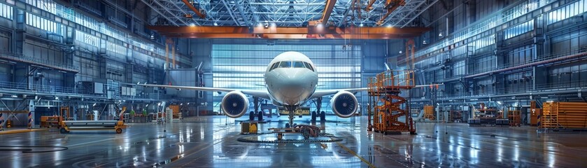 Aircraft assembly in a hangar - obrazy, fototapety, plakaty