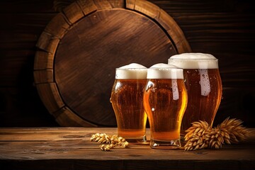 Beer glasses arranged on a wooden background with a barrel