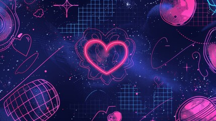 With wireframe ornament, heart, and planet figure in retro futuristic cyberpunk style. Cover or banner in trendy retro futuristic cyberpunk style.