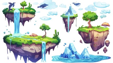 An island platform with a forest and waterfall, a desert with a cliff and cactus, and a northern landscape with an iceberg, penguin, and whale.