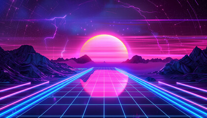 Retro style 80s synthwave futuristic Sci-fi street shape with neon lines background. Generated AI - obrazy, fototapety, plakaty