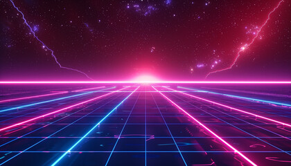 Retro style 80s synthwave futuristic Sci-fi street shape with neon lines background. Generated AI