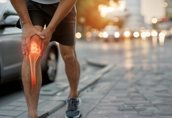 Jogger Läufer mit Knieproblemen, sichtbare Knohen und Schmerzen, KI gneeriert - obrazy, fototapety, plakaty