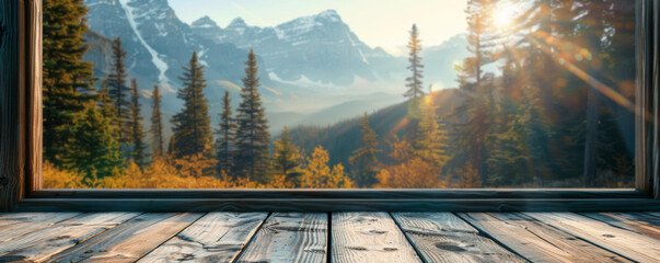 Beautiful scenery: empty white wooden table, Banff National Park view, blurred bokeh out of an open...