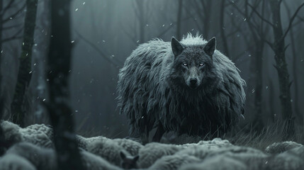 The cunning guise of a wolf cloaked in sheep's fur epitomizes stealth and deception amidst nature's realm