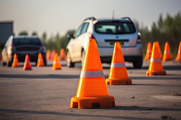 Driving school exam with traffic cones near car outdoors