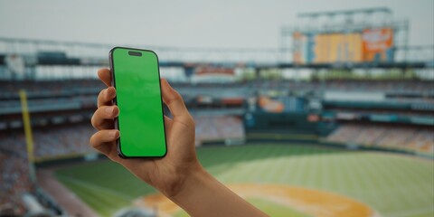 A hand holds a smartphone with a green screen at a baseball stadium - 757017191