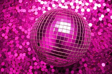 Magenta color voted 2023 s color Glittering disco ball Festive Christmas pattern 90s retro party theme Holiday background Overhead view