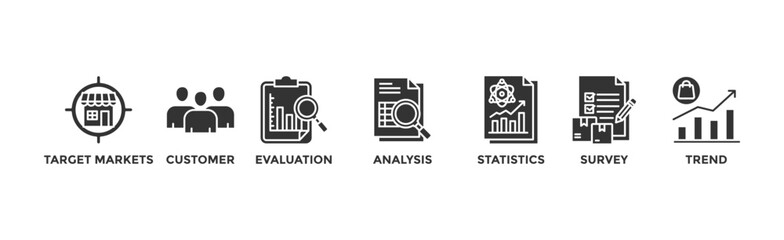 Market research banner web icon vector illustration concept with icon of target markets, customer, evaluation, analysis, statistics, survey and trend	