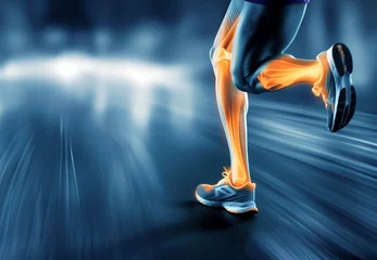 Foto op Plexiglas Jogger Läufer mit Knieproblemen, sichtbare Knohen und Schmerzen, KI gneeriert © Thomas Meinert