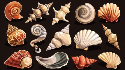 Isolated on black background, seashell cartoon illustration with pearls, oyster shell with pearls, mollusk, snail, jewelry souvenirs, seabed design elements for beaches and aquariums. - obrazy, fototapety, plakaty