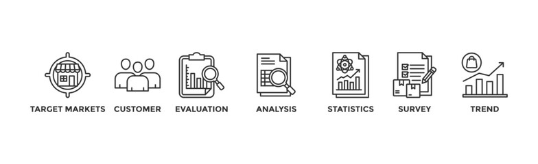 Market research banner web icon vector illustration concept with icon of target markets, customer, evaluation, analysis, statistics, survey and trend	