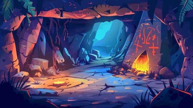 Cartoon modern primitive caveman painting on stone walls and fire. Aboriginal dwelling in underground rock cavern with ancient drawings and campfire.