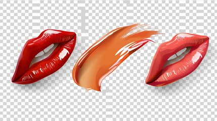 Illustration of lipstick smears isolated on transparent background. Liquid paint sample, colorful creamy substance strokes, makeup product.