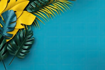 An innovative design featuring vibrant tropical leaves placed on a backdrop of yellow and blue.  - obrazy, fototapety, plakaty