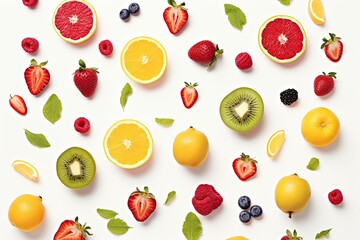Banner design featuring a selection of fruits arranged in a flat lay style on a white background.