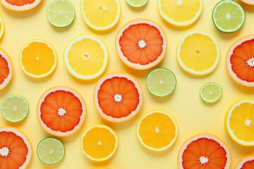 Background with a fruit design featuring sliced citrus fruits. Fruit-themed pattern. Pattern inspired by food styling. Design pattern with a focus on food aesthetics.
