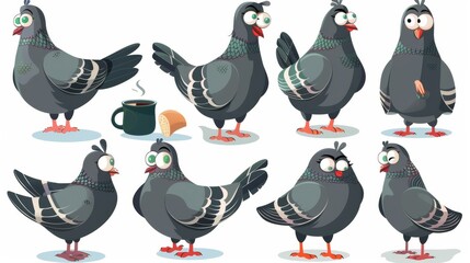 A set of comic pigeon cartoon characters in different poses and emotions. Modern set of wild city doves standing, sleepy with cup of coffee, delighted with big eyes, and meditating and dreaming about