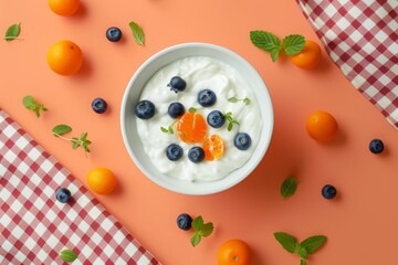 yogurt with blueberries and kumquats n a white bowl on a table in a minimalist style, top view