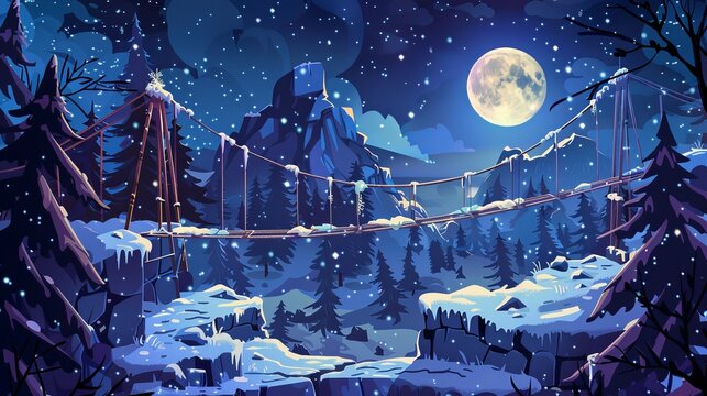 Fototapeta Snowy canyon landscape, fir trees on cracked stones, full moon glowing in dark starry sky, with suspension rope bridge. Modern cartoon illustration of rocky canyon landscape covered in ice and snow.