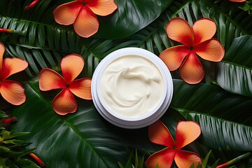 Bright beauty product background showcasing a healthy lifestyle and body care concept, with a flat lay view of facial moisturizing cream placed on vibrant tropical leaves and flowers. - obrazy, fototapety, plakaty