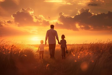 Fototapeta premium Family walking in a golden field at sunset