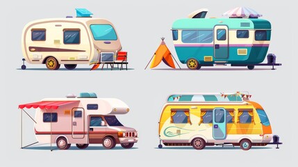 RV camp trailer for summertime vacation with family and friends. Cartoon modern illustration set of cute caravan car with tent.